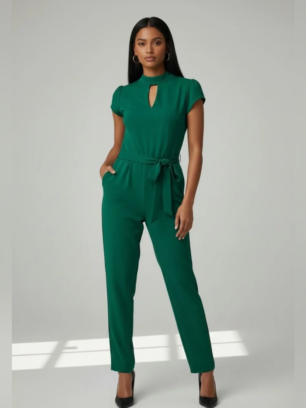 New York & Company Green Keyhole Tie-Waist Jumpsuit - Picture 1 of 7
